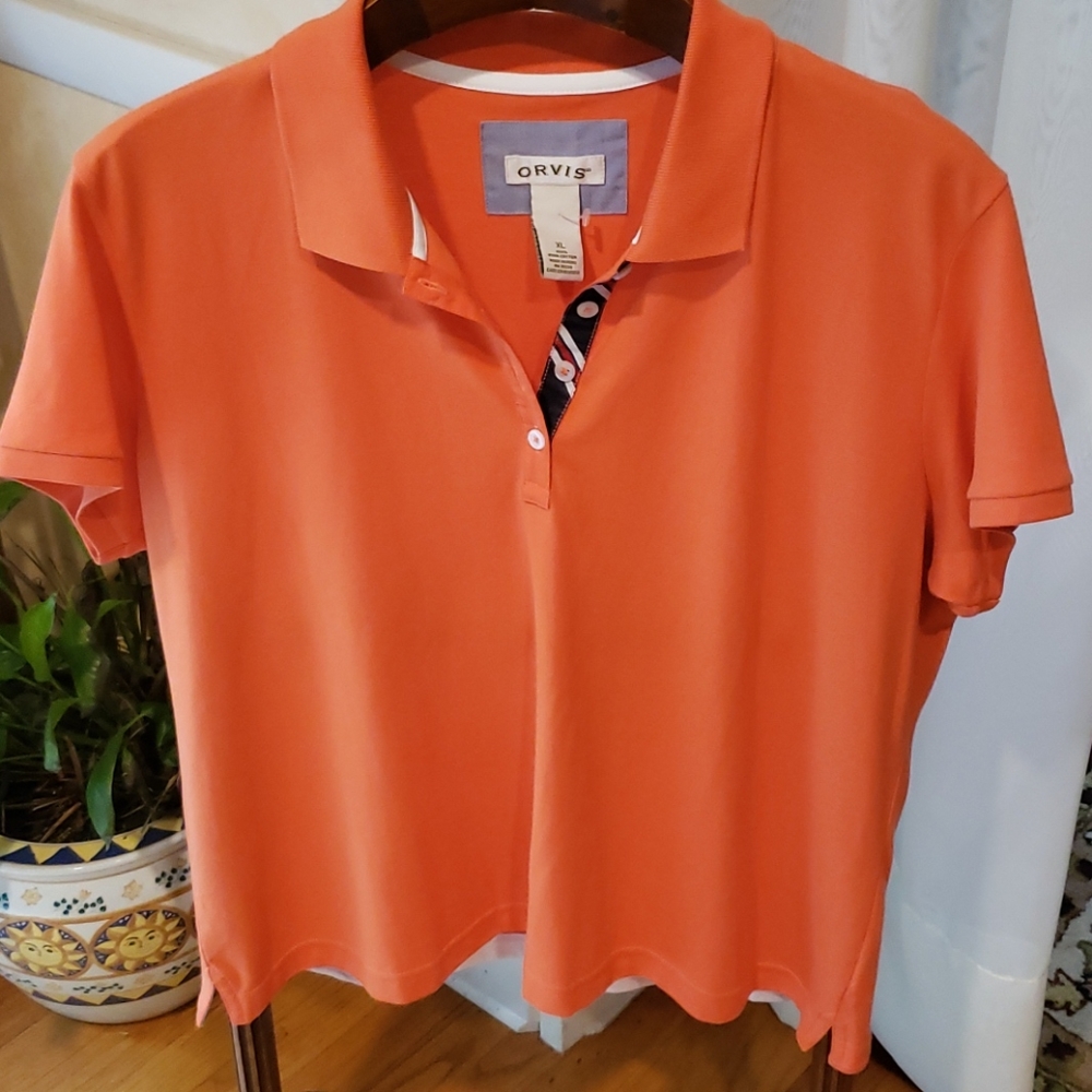 L XL Orvis Golf Polo Shirt Orange w Trim
